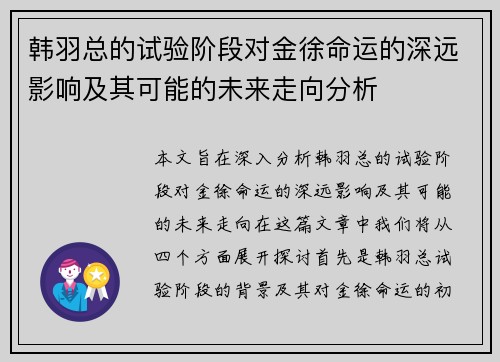 韩羽总的试验阶段对金徐命运的深远影响及其可能的未来走向分析 韩羽总的试验阶段对金徐命运的深远影响及其可能的未来走向分析